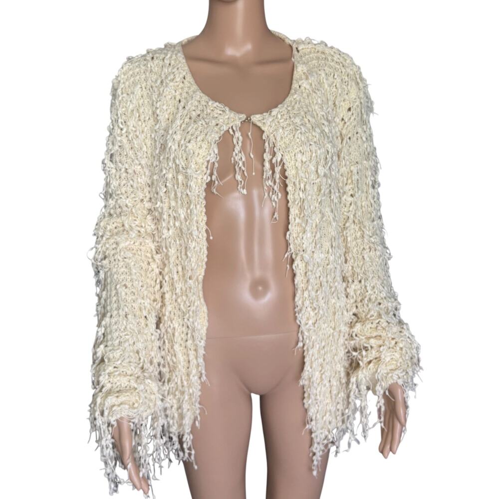Pretty Attitude Ivory Fringe Shaggy Knit Cardigan Festival Boho Fairycore Open S - Picture 2 of 7